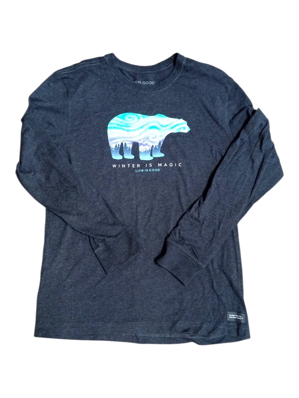 Life Is Good Men's Long Sleeve Tee Charcoal Bear Graphic Winter Is Magic Medium